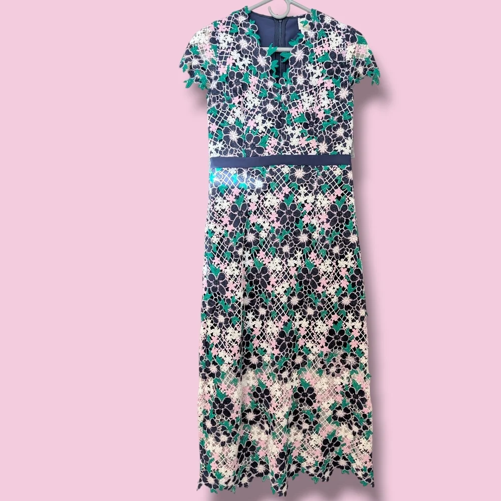 Anthropologie Green Purple Floral Crochet Embroidered Cap Sleeve Midi Dress SM - Picture 2 of 11